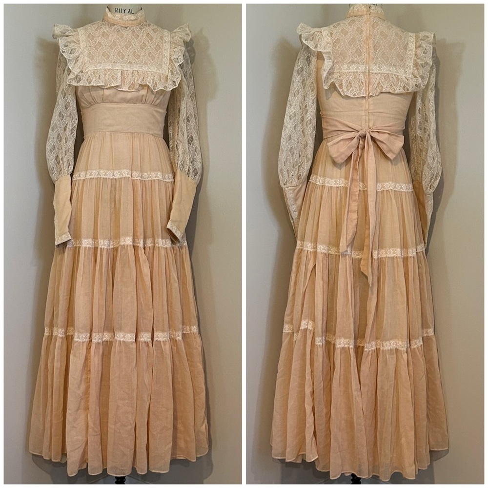 VTG 70s Gunne Sax Prairie Dress Gown Blush Pink Lace Prom Homecoming Sz 9